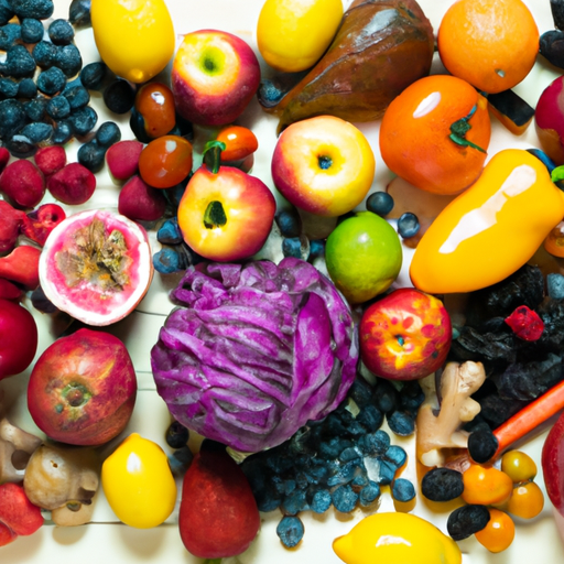 A table set with a variety of colorful fruits and vegetables, representing mindful eating